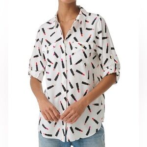 Karl Lagerfeld Lipstick Print Button Down Front Pocket Blouse Womens Size Medium